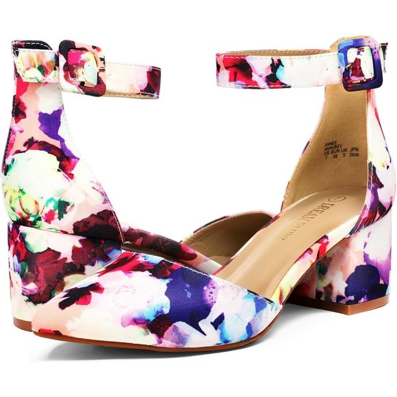 Pointed Toe Low Chunky Block Heels Pump  Floral comfort  Shoes Adjustable Buckle - Picture 5 of 8